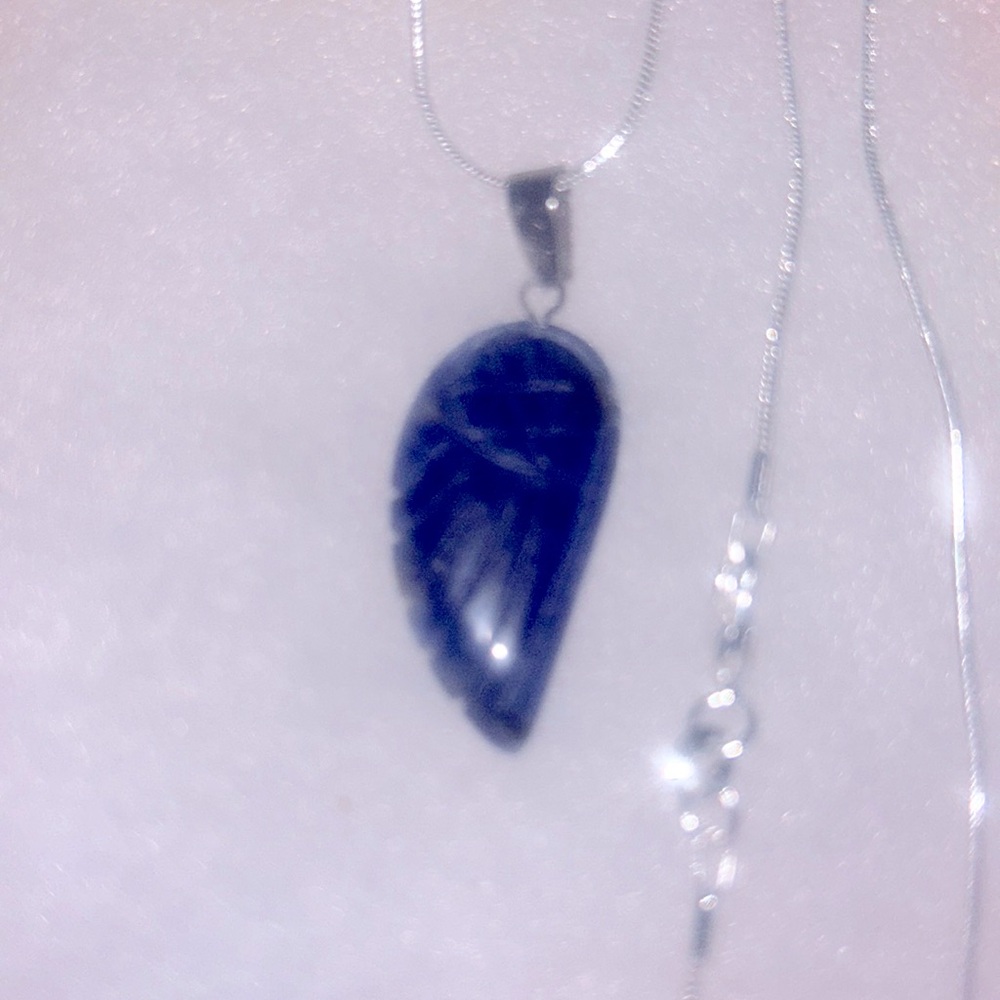 Boho hippie Lapis Lazuli Angel Wing Sterling Silver Necklace 16”